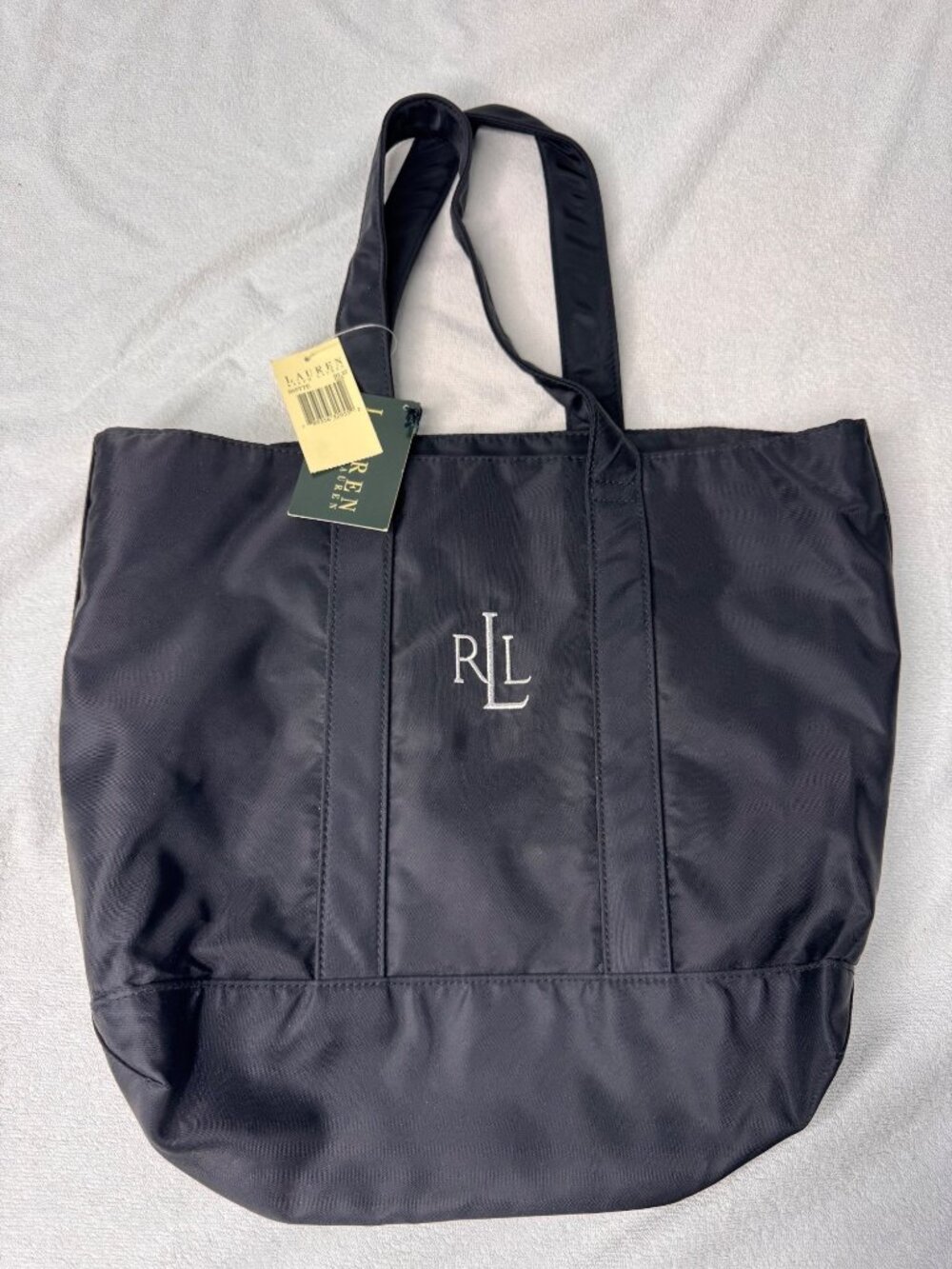 NWT Lauren Ralph Lauren Black Nylon Tote Bag Embroidered Logo Pockets Travel
